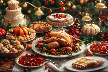 Festive Holiday Feast with Roasted Turkey and Assorted Desserts