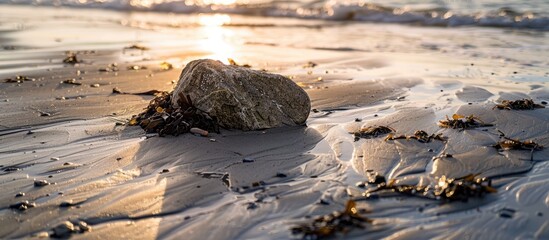 Rock on beach covered in seaweed with a background of late afternoon sun creating a picturesque copy space image