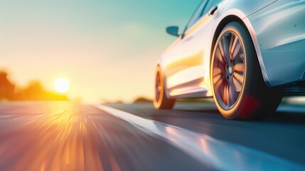 Tranquil Sunset Scene with Silver Car on Highway