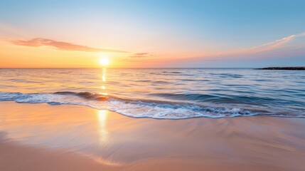 Fototapeta premium Serene Sunset Beach with Red and White Striped Towel