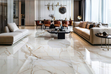 A photo of the mid century modern interior of a luxurious residential living room with marble floors and white sofas and tables. Generative AI