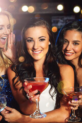 Women, cocktail drink and party with smile in portrait, friends on night out for new year celebration in nightclub. Alcohol, drinking glasses and happy with cocktails, happy hour and ladies night.