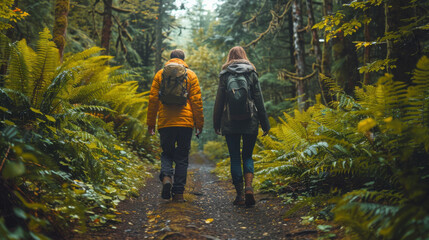 Two hikers walking through a lush, green forest trail surrounded by ferns and trees in a peaceful outdoor setting.