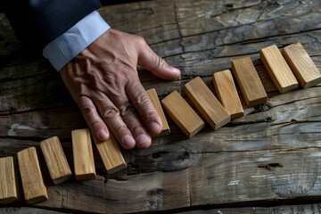 Hand Stopping Falling Wooden Blocks on Rustic Table