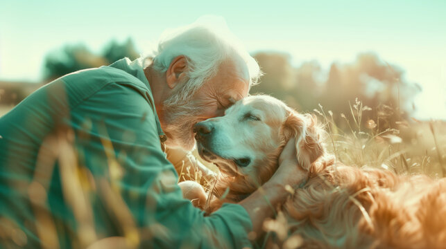 An older man hugging his pet dog in a park, enjoying companionship and outdoor activity. 