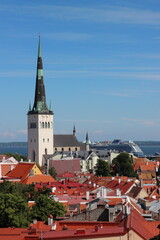 Fototapeta premium View, from a viewpoint in central Tallinn, towards the old medieval part of the city, full of old historical buildings, Estonia