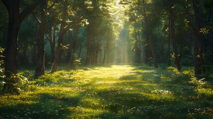 Obraz premium Sunlit Forest Path with Lush Greenery and Wildflowers