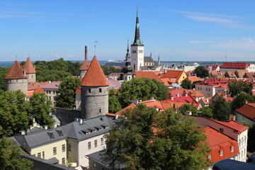 View, from a viewpoint in central Tallinn, towards the old medieval part of the city, full of old historical buildings, Estonia