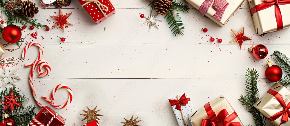 Canvas Prints Festive Christmas background with gift boxes on a white board provides ample copy space image