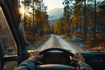 Naklejka premium Scenic Drive Through a Forested Mountain Path at Sunset