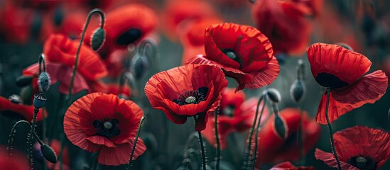 Close up view of red field poppies depicting vibrant summer wildflowers in a copy space image