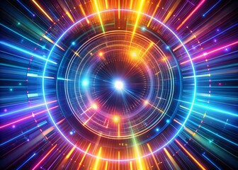 Obraz premium Vibrant glowing circular lines radiate from a central axis, evoking a futuristic, high-tech ambiance, with neon trails blurring into a mesmerizing digital abstract background.
