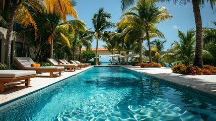 Luxurious Tropical Resort Pool Surrounded by Palm Trees and Sun Loungers