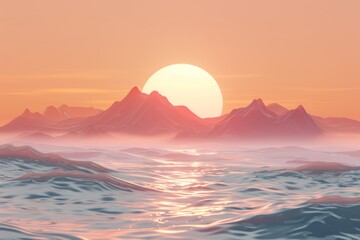 Fototapeta premium Scenic sunset over ocean waves, symbolizing tranquility and natural beauty, set against a light background.