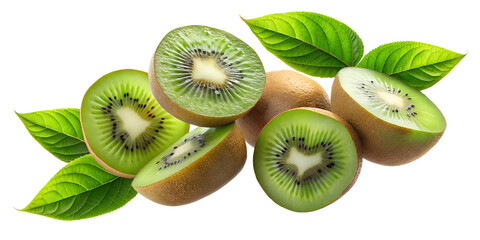 Fototapeta premium Kiwi Fruit Slice Floating with Green Leaves in the Air, Cut Out.