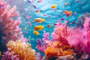 Fototapeta premium Vibrant Underwater Coral Reef Teeming with Colorful Fish