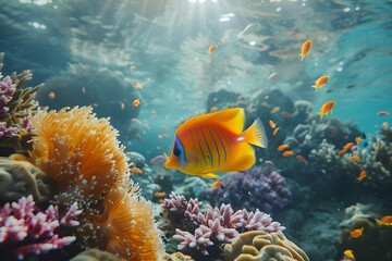 Naklejka premium Vibrant Underwater Scene with Colorful Fish and Coral Reefs