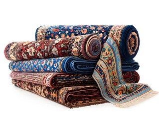 Vibrant Tapestry of Rolled Carpets and Rugs on White Background