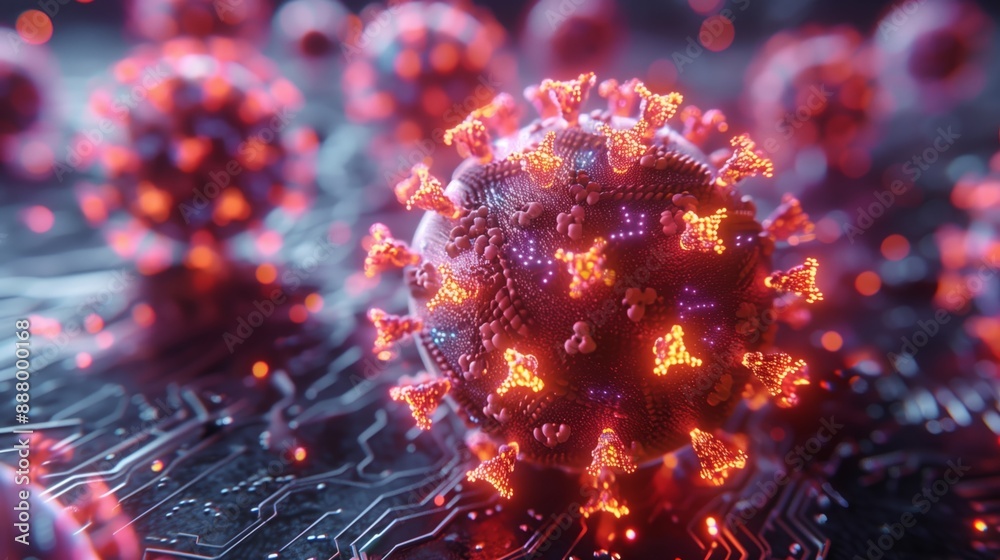 Poster a close-up digital rendering of a virus, symbolizing the potential of ai in predicting and mitigatin