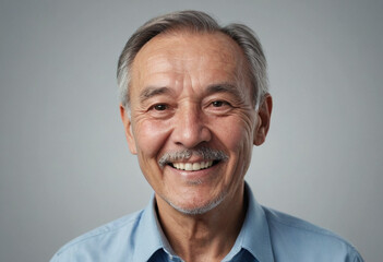 Obraz premium Portrait view of a regular happy smiling Kazakhstan old man, ultra realistic, candid, social media, avatar image, plain solid background