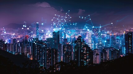 Naklejka premium A cityscape at night, with buildings illuminated by smart lighting systems.