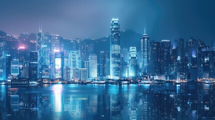 Fototapeta premium A cityscape at night, with buildings illuminated by smart lighting systems.