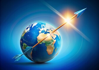Fototapeta premium A majestic arrow bursts out of a miniature globe, symbolizing exponential business growth, development, and success, set against a bright blue background with subtle gradient effect.