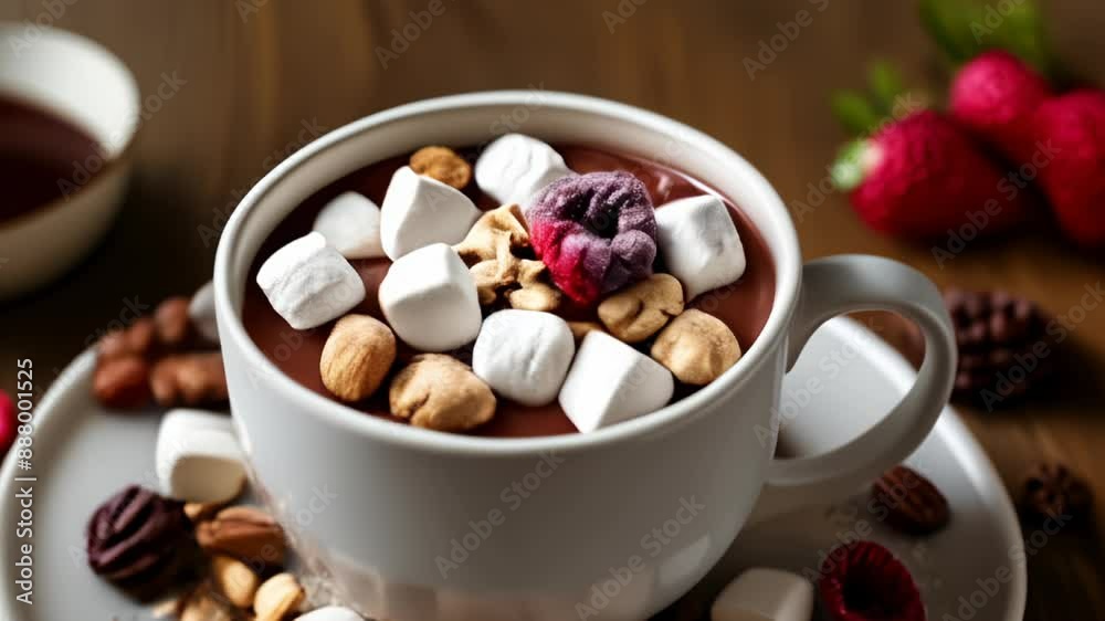 Wall mural  Deliciously indulgent hot chocolate with marshmallows and nuts