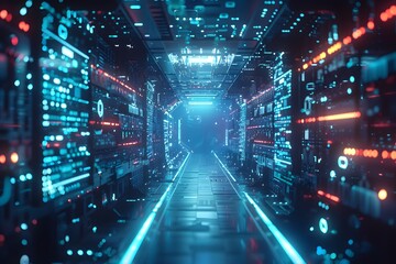 Obraz premium Futuristic Data Center with Neon Lights and Advanced Technology