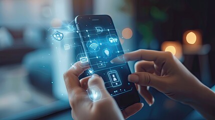 A close-up of a person using a smart home security system via a mobile app.