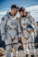 Fototapeta premium An LGBTQ astronaut couple travels together on a planet