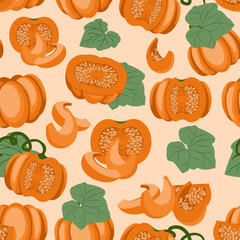 pumpkin background, seamless texture. A drawn vector illustration of various large orange pumpkins in whole and in pieces randomly scattered on a peach background