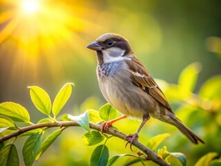 Obraz premium Serene close-up portrait of a small sparrow perched on a branch, surrounded by warm summer bokeh light and lush green foliage, with ample copy space.