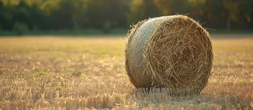 A high quality hay bale on a rural farm ideal animal fodder in grazing shortage empty area around suitable for copy space image