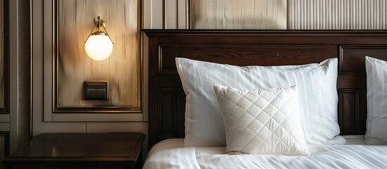 In a hotel bedroom a single bed with a brown wooden headboard is adorned with a white soft pillow with a copy space image An elegant lamp sits on the bedside table