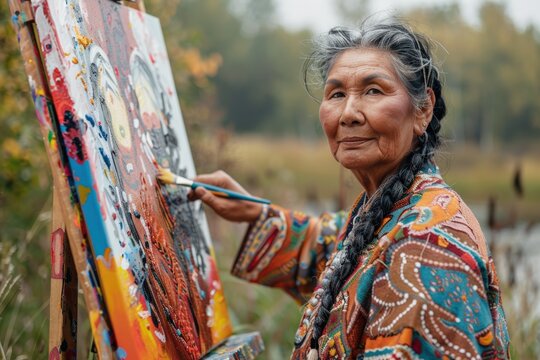 Indigenous senior woman artist painting outdoors on canvas