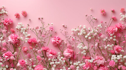 Fototapeta premium A beautiful arrangement of pink and white flowers against a pastel pink background. The flowers include roses, baby's breath, and other small blossoms, creating a delicate and romantic scene.