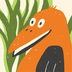 Cute bird character with leaves on background. Colourful hand drawn illustration.
