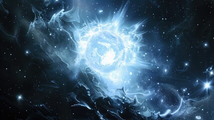 A cosmic scene with a white dwarf star, the remnants of a once-massive star, surrounded by stars.