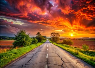 Fototapeta premium Vibrant orange and pink hues illuminate the cloudy sky above a desolate, cracked asphalt road, surrounded by lush greenery in the rural countryside landscape.