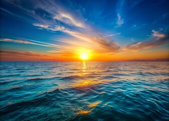 Obraz premium Clear blue sky sunset with glowing orange teal color horizon on calm ocean seascape background. Picturesque generative ai