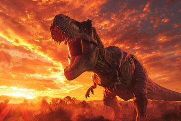 Tyrannosaurus rex roaring with rising sun in wild nature