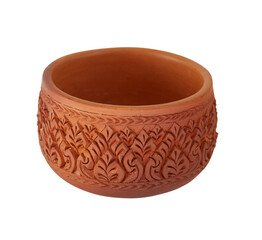Carved ceramic bowl. Textured terra cotta cup. No background png.