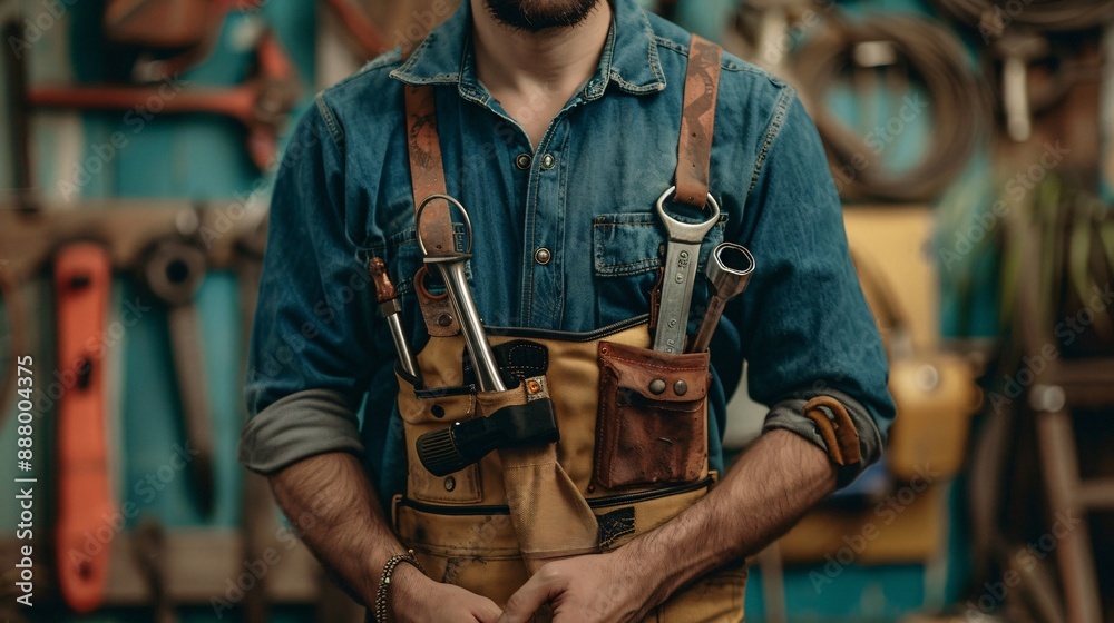 Wall mural mechanic standing in front of tools with a tool belt in a workshop