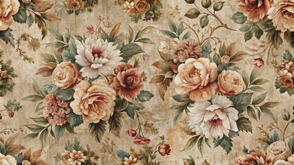 Distressed, vintage-inspired floral pattern with torn, faded petals and bold, gritty textures in muted earth tones, evoking a rebellious, unconventional aesthetic.
