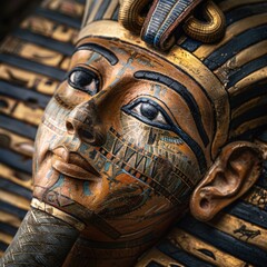 A close-up of an ancient Egyptian pharaoh's sarcophagus, showcasing intricate hieroglyphs.