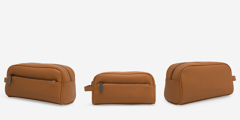 Collection set of Brown leather vanity case with zipper isolated on white background with shadow reflection. Cosmetic bag. Unisex toiletry wash bag. Clipping path Included. — jpeg photo formats.