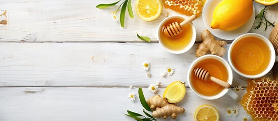 Top down view of honey honeycomb lemon and tea with ginger on a white wooden surface presenting a fresh and health oriented ambiance for a copy space image