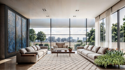 Fototapeta premium Contemporary modern interior of conference hall, exhibition hall, meeting room, cottage country house, home interior in Art Nouveau style, rest zone, vacation recreation industry, business travel.