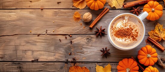 Autumn vibes with a pumpkin spiced latte in a white cup on a rustic wooden backdrop featuring pumpkins cinnamon and spices perfect for a copy space image